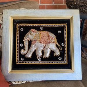 Vintage Indian elephant velvet picture framed